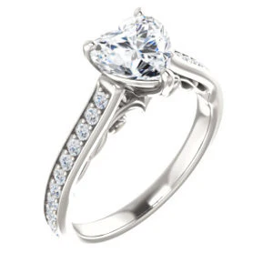 Cubic Zirconia Engagement Ring- The Jamiyah (Customizable Heart Cut Design with Decorative Trellis Engraving and Pavé Band) - Image 2
