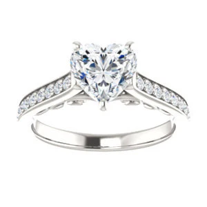 Cubic Zirconia Engagement Ring- The Jamiyah (Customizable Heart Cut Design with Decorative Trellis Engraving and Pavé Band) - Image 4