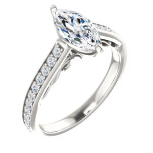 Cubic Zirconia Engagement Ring- The Jamiyah (Customizable Marquise Cut Design with Decorative Trellis Engraving and Pavé Band) - Image 2