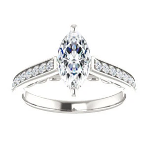 Cubic Zirconia Engagement Ring- The Jamiyah (Customizable Marquise Cut Design with Decorative Trellis Engraving and Pavé Band) - Image 4