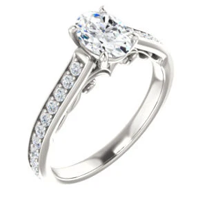 Cubic Zirconia Engagement Ring- The Jamiyah (Customizable Oval Cut Design with Decorative Trellis Engraving and Pavé Band) - Image 2