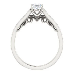 Cubic Zirconia Engagement Ring- The Jamiyah (Customizable Oval Cut Design with Decorative Trellis Engraving and Pavé Band) - Image 3