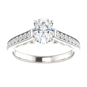Cubic Zirconia Engagement Ring- The Jamiyah (Customizable Oval Cut Design with Decorative Trellis Engraving and Pavé Band) - Image 4
