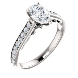 Cubic Zirconia Engagement Ring- The Jamiyah (Customizable Pear Cut Design with Decorative Trellis Engraving and Pavé Band) - Image 2
