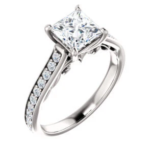 Cubic Zirconia Engagement Ring- The Jamiyah (Customizable Princess Cut Design with Decorative Trellis Engraving and Pavé Band) - Image 2