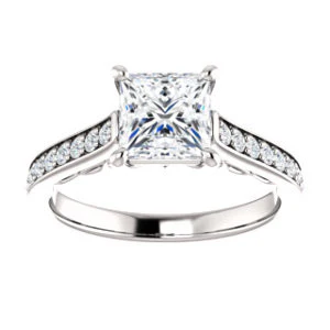 Cubic Zirconia Engagement Ring- The Jamiyah (Customizable Princess Cut Design with Decorative Trellis Engraving and Pavé Band) - Image 4