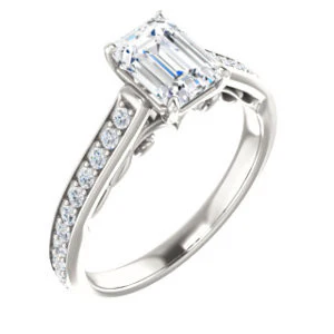 Cubic Zirconia Engagement Ring- The Jamiyah (Customizable Radiant Cut Design with Decorative Trellis Engraving and Pavé Band) - Image 2