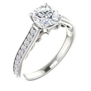 Cubic Zirconia Engagement Ring- The Jamiyah (Customizable Round Cut Design with Decorative Trellis Engraving and Pavé Band) - Image 2