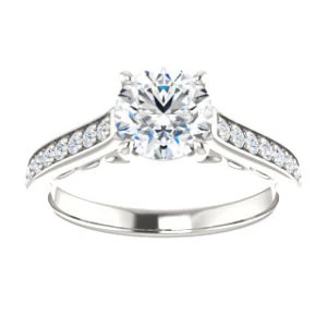 Cubic Zirconia Engagement Ring- The Jamiyah (Customizable Round Cut Design with Decorative Trellis Engraving and Pavé Band) - Image 4
