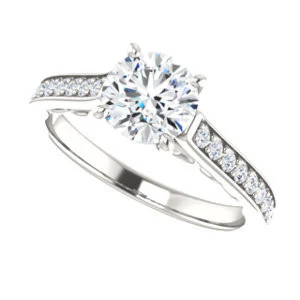 Cubic Zirconia Engagement Ring- The Jamiyah (Customizable Round Cut Design with Decorative Trellis Engraving and Pavé Band) - Image 6