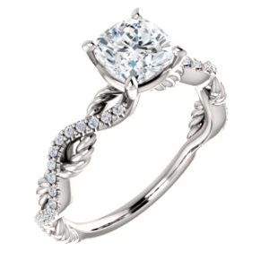 Cubic Zirconia Engagement Ring- The Janneth (Customizable Cushion Cut Design with Twisting Rope-Pavé Split Band) - Image 4