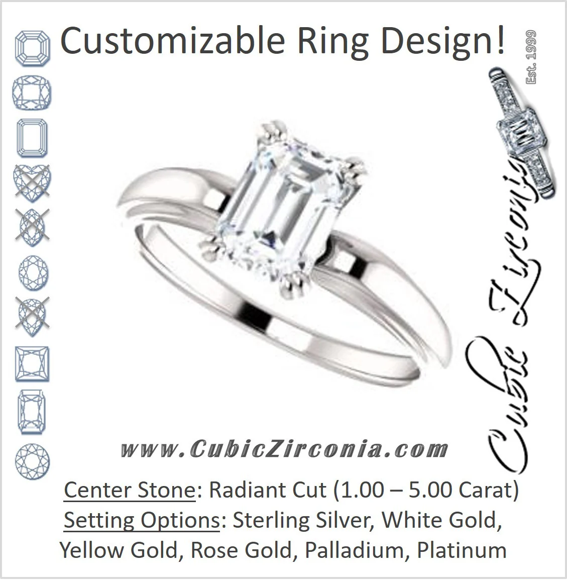 Cubic Zirconia Engagement Ring- The Jodee (Customizable Cathedral-set Radiant Cut Solitaire with Tapered Band)