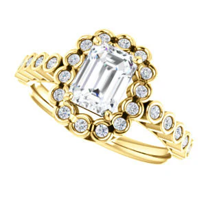 Cubic Zirconia Engagement Ring- The Journie (Customizable Emerald Cut Design with Round-Bezel Cluster Halo and Round Bezel Band Accents) - Image 6
