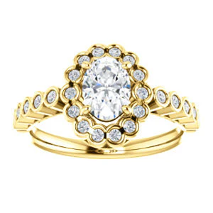 Cubic Zirconia Engagement Ring- The Journie (Customizable Oval Cut Design with Round-Bezel Cluster Halo and Round Bezel Band Accents) - Image 4