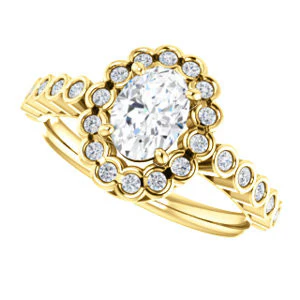 Cubic Zirconia Engagement Ring- The Journie (Customizable Oval Cut Design with Round-Bezel Cluster Halo and Round Bezel Band Accents) - Image 6