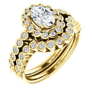 Cubic Zirconia Engagement Ring- The Journie (Customizable Oval Cut Design with Round-Bezel Cluster Halo and Round Bezel Band Accents) - Image 7