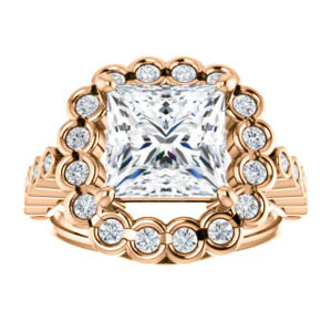 Cubic Zirconia Engagement Ring- The Journie (Customizable Princess Cut Design with Round-Bezel Cluster Halo and Round Bezel Band Accents) - Image 10
