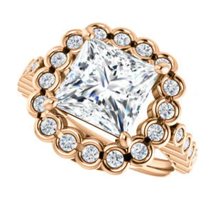 Cubic Zirconia Engagement Ring- The Journie (Customizable Princess Cut Design with Round-Bezel Cluster Halo and Round Bezel Band Accents) - Image 12