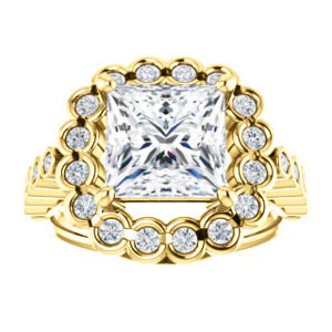 Cubic Zirconia Engagement Ring- The Journie (Customizable Princess Cut Design with Round-Bezel Cluster Halo and Round Bezel Band Accents) - Image 4