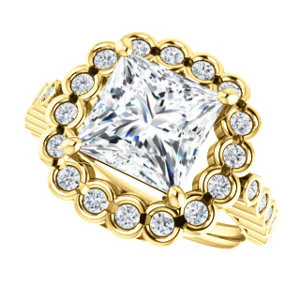 Cubic Zirconia Engagement Ring- The Journie (Customizable Princess Cut Design with Round-Bezel Cluster Halo and Round Bezel Band Accents) - Image 6