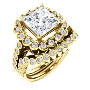 Cubic Zirconia Engagement Ring- The Journie (Customizable Princess Cut Design with Round-Bezel Cluster Halo and Round Bezel Band Accents) - Image 7