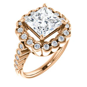 Cubic Zirconia Engagement Ring- The Journie (Customizable Princess Cut Design with Round-Bezel Cluster Halo and Round Bezel Band Accents) - Image 8
