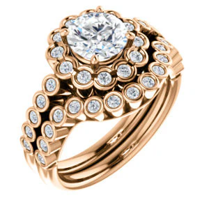 Cubic Zirconia Engagement Ring- The Journie (Customizable Round Cut Design with Round-Bezel Cluster Halo and Round Bezel Band Accents) - Image 13
