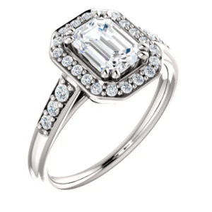 Cubic Zirconia Engagement Ring- The Julie Madison (Customizable Emerald Cut Style with Halo and Round Cut Journey-Style Band Accents) - Image 7