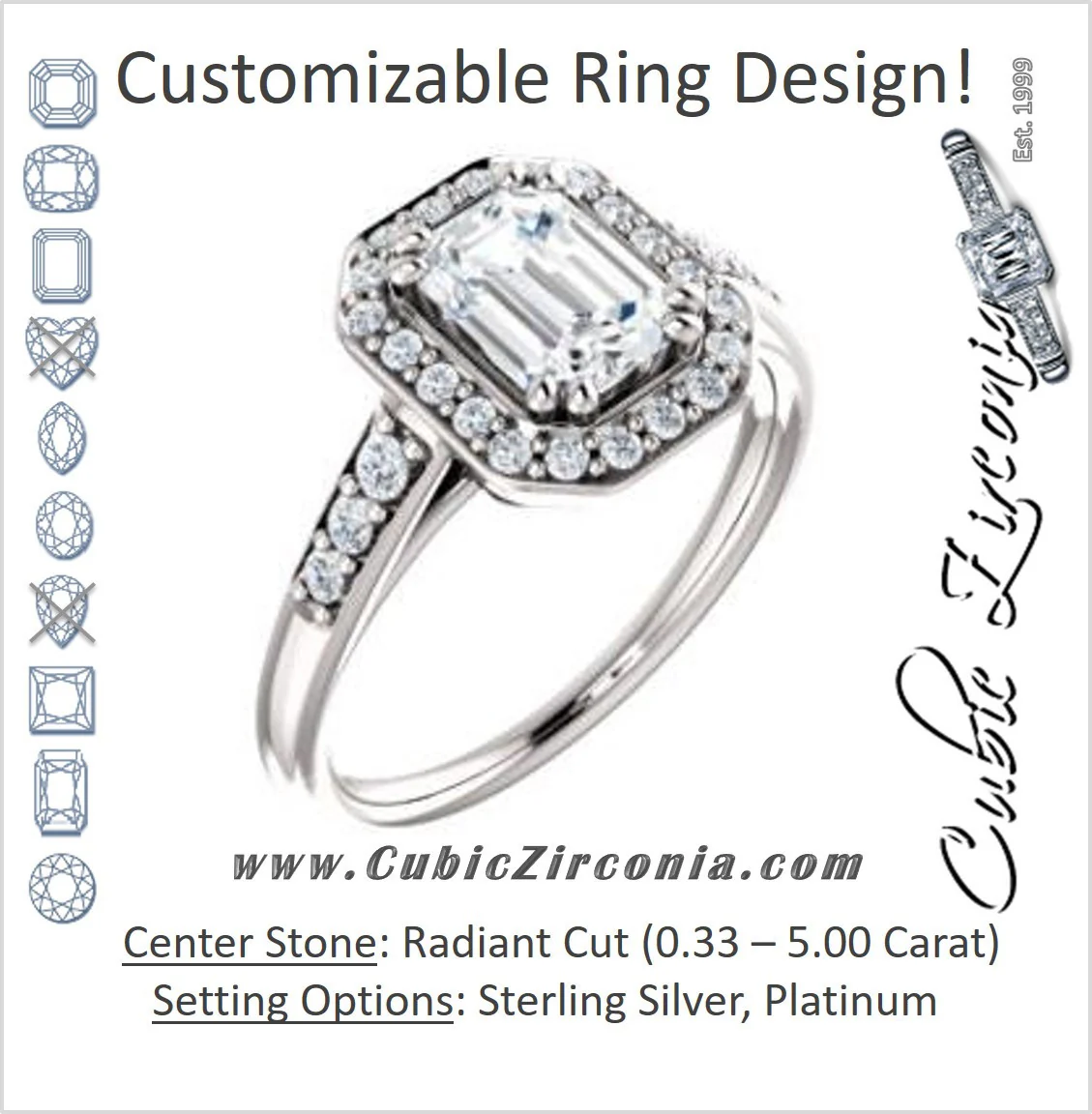 Cubic Zirconia Engagement Ring- The Julie Madison (Customizable Radiant Cut Style with Halo and Round Cut Journey-Style Band Accents)