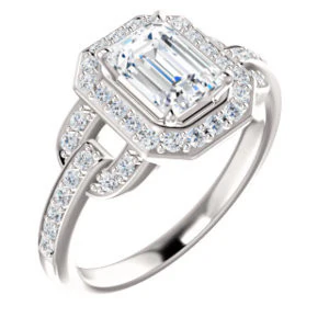 Cubic Zirconia Engagement Ring- The Karli Grace (Customizable Emerald Cut Design with Halo and Interlocking Links Accented Split Band) - Image 2