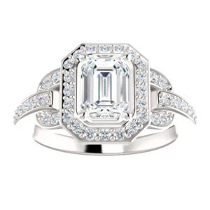 Cubic Zirconia Engagement Ring- The Karli Grace (Customizable Emerald Cut Design with Halo and Interlocking Links Accented Split Band) - Image 4
