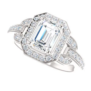 Cubic Zirconia Engagement Ring- The Karli Grace (Customizable Emerald Cut Design with Halo and Interlocking Links Accented Split Band) - Image 6