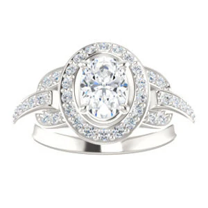 Cubic Zirconia Engagement Ring- The Karli Grace (Customizable Oval Cut Design with Halo and Interlocking Links Accented Split Band) - Image 4