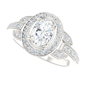 Cubic Zirconia Engagement Ring- The Karli Grace (Customizable Oval Cut Design with Halo and Interlocking Links Accented Split Band) - Image 6