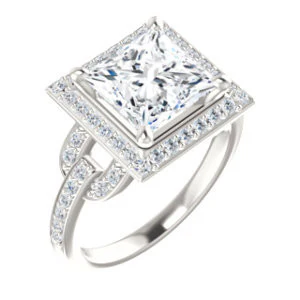Cubic Zirconia Engagement Ring- The Karli Grace (Customizable Princess Cut Design with Halo and Interlocking Links Accented Split Band) - Image 2