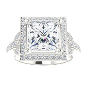 Cubic Zirconia Engagement Ring- The Karli Grace (Customizable Princess Cut Design with Halo and Interlocking Links Accented Split Band) - Image 4