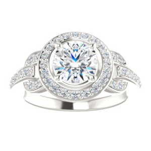 Cubic Zirconia Engagement Ring- The Karli Grace (Customizable Round Cut Design with Halo and Interlocking Links Accented Split Band) - Image 4