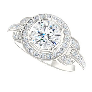 Cubic Zirconia Engagement Ring- The Karli Grace (Customizable Round Cut Design with Halo and Interlocking Links Accented Split Band) - Image 6
