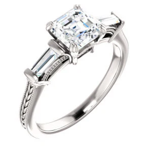 Cubic Zirconia Engagement Ring- The Kimiko (Customizable 3-stone Asscher Cut Design with Baguette Accents and Thin Wheat-Filigree Band) - Image 2