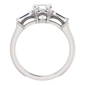 Cubic Zirconia Engagement Ring- The Kimiko (Customizable 3-stone Asscher Cut Design with Baguette Accents and Thin Wheat-Filigree Band) - Image 3