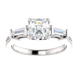 Cubic Zirconia Engagement Ring- The Kimiko (Customizable 3-stone Asscher Cut Design with Baguette Accents and Thin Wheat-Filigree Band) - Image 4