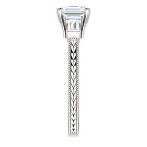 Cubic Zirconia Engagement Ring- The Kimiko (Customizable 3-stone Asscher Cut Design with Baguette Accents and Thin Wheat-Filigree Band) - Image 5