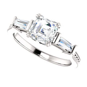 Cubic Zirconia Engagement Ring- The Kimiko (Customizable 3-stone Asscher Cut Design with Baguette Accents and Thin Wheat-Filigree Band) - Image 6