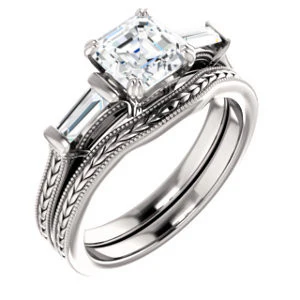 Cubic Zirconia Engagement Ring- The Kimiko (Customizable 3-stone Asscher Cut Design with Baguette Accents and Thin Wheat-Filigree Band) - Image 7