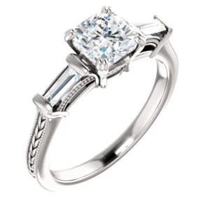 Cubic Zirconia Engagement Ring- The Kimiko (Customizable 3-stone Cushion Cut Design with Baguette Accents and Thin Wheat-Filigree Band) - Image 2