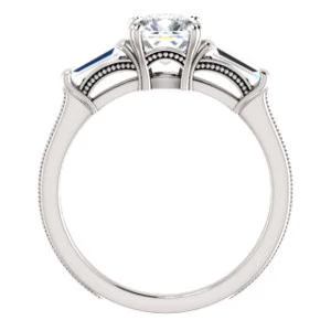 Cubic Zirconia Engagement Ring- The Kimiko (Customizable 3-stone Cushion Cut Design with Baguette Accents and Thin Wheat-Filigree Band) - Image 3