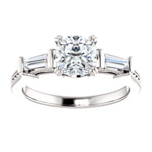 Cubic Zirconia Engagement Ring- The Kimiko (Customizable 3-stone Cushion Cut Design with Baguette Accents and Thin Wheat-Filigree Band) - Image 4