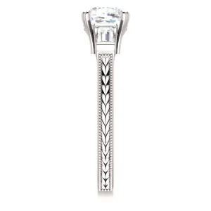 Cubic Zirconia Engagement Ring- The Kimiko (Customizable 3-stone Cushion Cut Design with Baguette Accents and Thin Wheat-Filigree Band) - Image 5