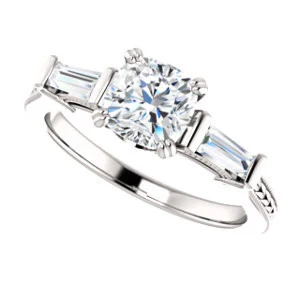 Cubic Zirconia Engagement Ring- The Kimiko (Customizable 3-stone Cushion Cut Design with Baguette Accents and Thin Wheat-Filigree Band) - Image 6