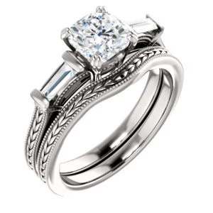 Cubic Zirconia Engagement Ring- The Kimiko (Customizable 3-stone Cushion Cut Design with Baguette Accents and Thin Wheat-Filigree Band) - Image 7